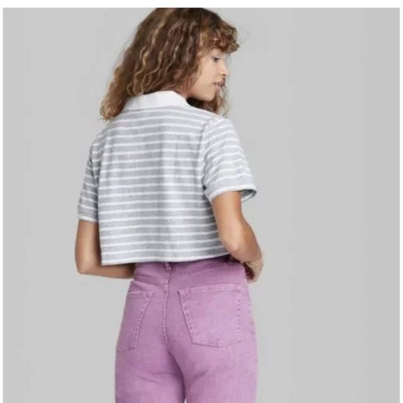 Womens Short Sleeve Boxy Cropped Polo T Shirt Wild Fable Gray Striped M - Picture 3 of 8
